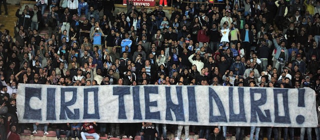 Napoli supporters hold a banner prior to the start of a Serie A soccer match between Napoli and Cagliari, in Naples, Tuesday, May 6, 2014. (AP photo/Salvatore Laporta)