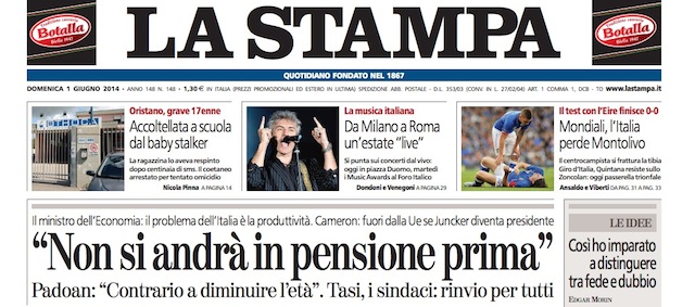 Le prime pagine di domenica 1 giugno 2014