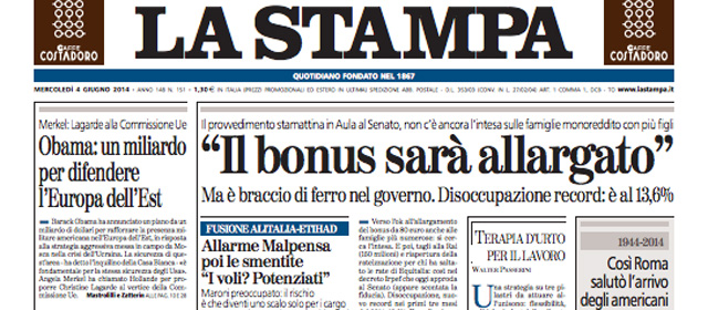 Le prime pagine di mercoledì 4 giugno 2014