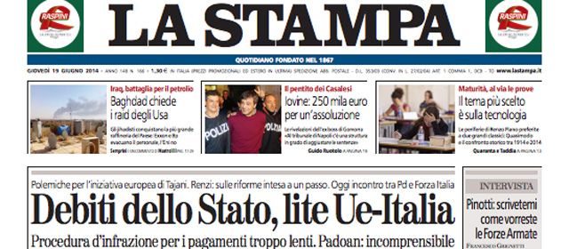Le prime pagine di giovedì 19 giugno 2014