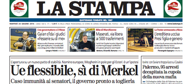 Le prime pagine di martedì 24 giugno 2014