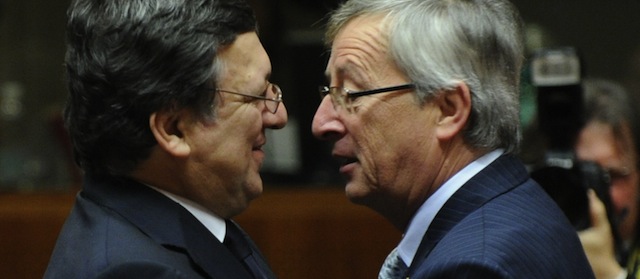 European Commission President Jose Manuel Barroso (L) greets Luxembourg Prime Minister Jean-Claude Juncker prior to a working session of the EU summit on February 4, 2011 at the European Council headquarters in Brussels. European Union foreign policy chief Catherine Ashton on Friday said as she joined an EU summit that a start to dialogue between Egypt's authorities and the opposition was "absolutely essential". AFP PHOTO / JOHN THYS (Photo credit should read JOHN THYS/AFP/Getty Images)