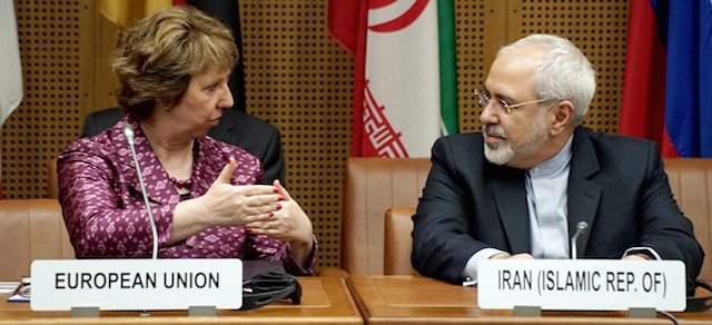 Vice President of the European Commission Catherine Margaret Ashton (L) and Iranian Foreign Minister Javad Mohammad Zarif (R) meet during socalled EU 5+1 talks with Iran at the UN headquarters in Vienna, on July 3, 2014. Negotiators from Iran and six world powers begin a marathon final round of talks towards a potentially historic agreement on Tehran's nuclear programme before a July 20 deadline.
AFP PHOTO/JOE KLAMAR (Photo credit should read JOE KLAMAR/AFP/Getty Images)
