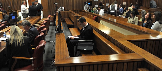 BY COURT ORDER, THIS IMAGE IS FREE TO USE. PRETORIA, SOUTH AFRICA - JULY 3: Oscar Pistorius sits in the dock at the Pretoria High Court on July 7, 2014, in Pretoria, South Africa. Oscar Pistorius stands accused of the murder of his girlfriend, Reeva Steenkamp, on February 14, 2013. This is Pistorius' official trial, the result of which will determine the paralympian athlete's fate. (Photo by Antoine de Ras/ Independent Newspapers/Gallo Image/Getty Images)