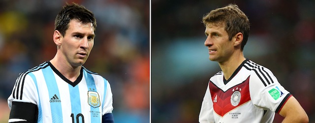 FILE PHOTO - EDITORS NOTE: COMPOSITE OF TWO IMAGES - Image Numbers 451925716 (L) and 451525030) In this composite image a comparison has been made between Lionel Messi of Argentina and Thomas Mueller of Germany. Germany and Argentina play each other in the 2014 FIFA World Cup Brazil Final on July 13, 2014 in the Maracana Stadium in Rio De Janeiro,Brazil. ***LEFT IMAGE*** SAO PAULO, BRAZIL - JULY 09: Lionel Messi of Argentina looks on during the 2014 FIFA World Cup Brazil Semi Final match between the Netherlands and Argentina at Arena de Sao Paulo on July 9, 2014 in Sao Paulo, Brazil. (Photo by Matthias Hangst/Getty Images) ***RIGHT IMAGE*** PORTO ALEGRE, BRAZIL - JUNE 30: Thomas Mueller of Germany looks on during the 2014 FIFA World Cup Brazil Round of 16 match between Germany and Algeria at Estadio Beira-Rio on June 30, 2014 in Porto Alegre, Brazil. (Photo by Jamie Squire/Getty Images)