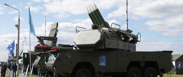 Russian air defense missile system Buk-M2 is on display at the opening of the MAKS Air Show in Zhukovsky outside Moscow on Tuesday, Aug. 27, 2013. Russia has supplied similar missiles to Syria. (AP Photo/Ivan Sekretarev)