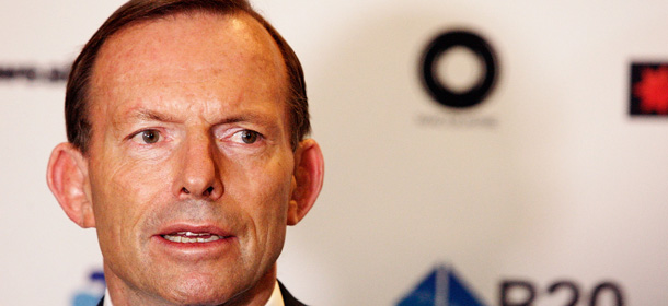 SYDNEY, AUSTRALIA - JULY 17: Australian Prime Minister Tony Abbott holds a press conference following his keynote speech during the B20 Summit on July 17, 2014 in Sydney, Australia. Over 350 business leaders have gathered in Sydney for the 2014 B20 Summit to discuss and determine policy recommendations ahead of the G20 Leaders Meeting in Brisbane later this year. (Photo by Lisa Maree Williams/Getty Images)