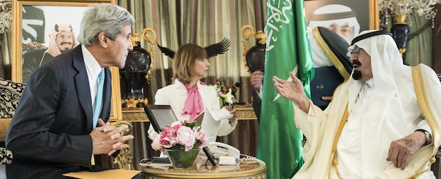 US Secretary of State John Kerry (L) listens as King Abdullah bin Abdulaziz Al-Saud speaks before meeting at the King's private residence June 27, 2014 in Jeddah, Saudi Arabia. Kerry, who was in the region earlier in the week, is traveling to Saudi Arabia to meet with leaders about the increasing violence in Iraq, ISIS and other regional and international issues. AFP Photo/Brendan SMIALOWSKI/POOL (Photo credit should read BRENDAN SMIALOWSKI/AFP/Getty Images)