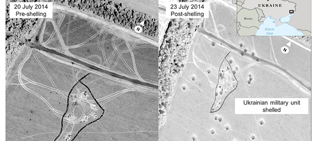 This third page of a four page document released by the U.S. State Department in Washington, July 27, 2014, shows a satellite image that purports to shows a before and after close-up of the artillery strike depicted in the lower portion of the inset in the previous graphic. The United States says the images back up its claims that rockets have been fired from Russia into eastern Ukraine and heavy artillery for separatists has also crossed the border. (AP Photo/U.S. State Department)