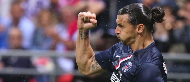 Paris Saint-Germain's Swedish midfielder Zlatan Ibrahimovic celebrates after scoring during the French L1 football match between Stade de Reims and Paris Saint-Germain (PSG), on August 8, 2014 at the Auguste Delaune Stadium in Reims. AFP PHOTO / FRANCOIS NASCIMBENI (Photo credit should read FRANCOIS NASCIMBENI/AFP/Getty Images)