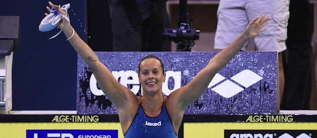 Italys Federica Pellegrini celebrates after winning the women's 200m Freestyle final of the 32nd LEN European Swimming Championships on August 23, 2014 in Berlin. AFP PHOTO / TOBIAS SCHWARZ (Photo credit should read TOBIAS SCHWARZ/AFP/Getty Images)