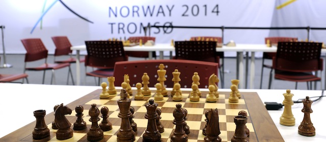 FILE - In this file photo taken August, 1, 2014, showing a chess board at the Chess Olympiad Norway 2014 in Tromsoe, Norway. The major international chess tournament in northern Norway ended Thursday Aug. 14, 2014, on a grim note, with one player dying in the middle of a game and another found dead in a hotel room. Organizers say a 67-year-old member of the Seychelles team collapsed and died during the final round, and another player from Uzbekistan, was found dead in a hotel room later Thursday. (AP Photo / Rune Stoltz Bertinussen, NTB scanpix, FILE)