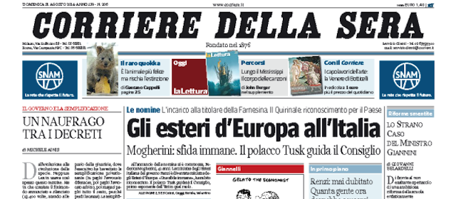 Le prime pagine di domenica 31 agosto 2014