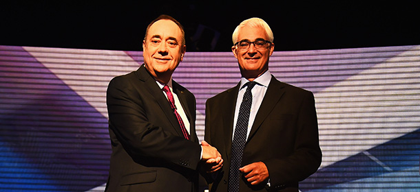 GLASGOW, SCOTLAND - AUGUST 05: (L-R) Alex Salmond First Minister of Scotland and Alistair Darling chairman of Better Together take part in a live television debate from the Royal Conservatoire of Scotland on August 5, 2014 in Glasgow, Scotland. The two politicians are facing questions in front of 350 people during a live televised debate, they will try and influence voters before the referendum on 18th September when the nation will be asked to vote yes or no to decide whether Scotland should be an independent country. (Photo by Jeff J Mitchell/Getty Images)