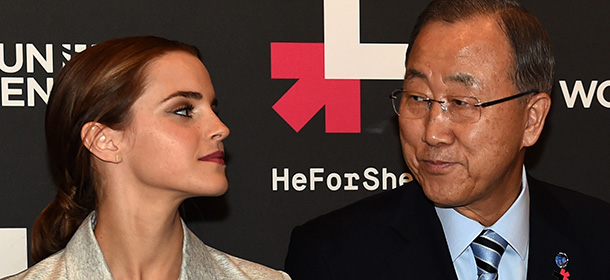 UN Women Goodwill Ambassador Emma Watson (L) and United Nations Secretary General Ban Ki-moon pose for a photo September 20, 2014 at the United Nations in New York. The two were on hand to the Launch of the HeForShe Campaign. AFP PHOTO/Timothy A. Clary (Photo credit should read TIMOTHY A. CLARY/AFP/Getty Images)