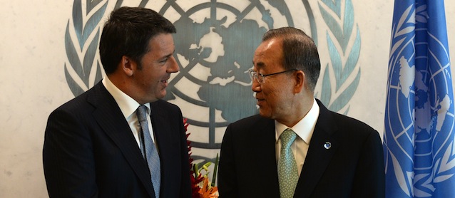 UN Secretary-General Ban Ki-moon (R) greets Italian Prime Minister Mateo Renzi before a bilateral meeting at the United Nations in New York on September 23, 2014 on the sideline of the 69th Session of the UN General Assembly. The largest gathering of world leaders on climate change opened at the UN on September 23, facing calls for action to put the planet on course toward reversing global warming. AFP PHOTO/Jewel Samad (Photo credit should read JEWEL SAMAD/AFP/Getty Images)