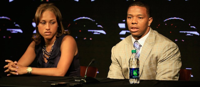 Running back Ray Rice of the Baltimore Ravens addresses a news conference with his wife Janay at the Ravens training center on May 23, 2014 in Owings Mills, Maryland. Rice spoke publicly for the first time since facing felony assault charges stemming from a February incident involving Janay at an Atlantic City casino.