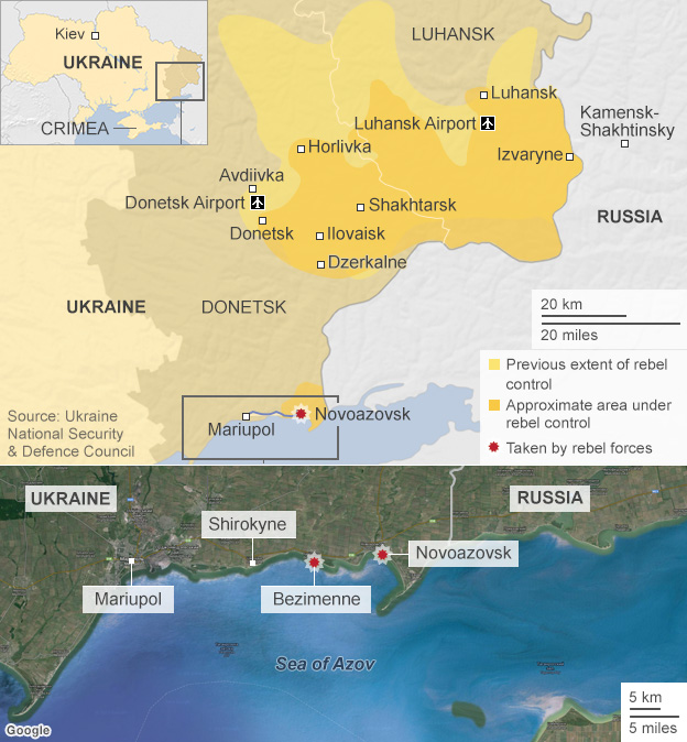La regione degli scontri in Ucraina orientale (BBC)