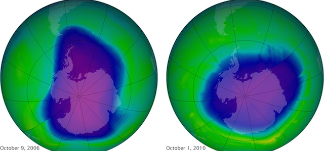 Una immagine della NASA mostra il buco dell'ozono nell'ottobre del 2006 (a sinistra) e nell'ottobre del 2010. 
(AP Photo/NASA)