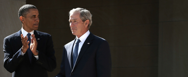 DALLAS, TX - APRIL 25: U.S. President Barack Obama (L) and former President George W. Bush (R) arrive at the opening ceremony of the George W. Bush Presidential Center April 25, 2013 in Dallas, Texas. The Bush library, which is located on the campus of Southern Methodist University, with more than 70 million pages of paper records, 43,000 artifacts, 200 million emails and four million digital photographs, will be opened to the public on May 1, 2013. The library is the 13th presidential library in the National Archives and Records Administration system. (Photo by Alex Wong/Getty Images)