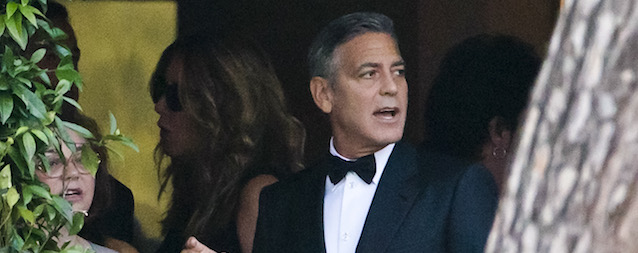 Actor George Clooney attends a cocktail with guests at the Cipriani hotel ahead of his wedding with Amal Alamuddin in Venice, Italy, Saturday, Sept. 27, 2014. (AP Photo/Andrew Medichini)