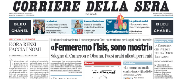 Le prime pagine di lunedì 15 settembre 2014