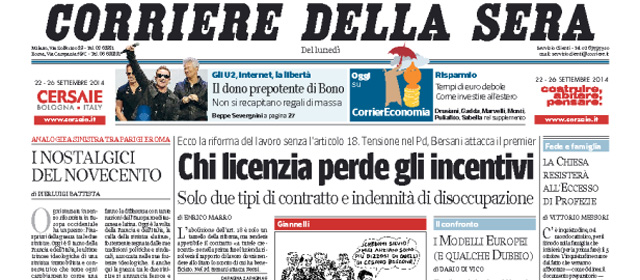Le prime pagine di lunedì 22 settembre 2014