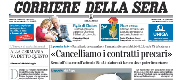 Le prime pagine di lunedì 29 settembre 2014