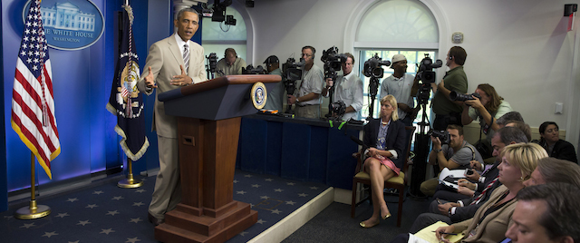 President Barack Obama speaks about the economy, Iraq, and Ukraine, Thursday, Aug. 28, 2014, in the James Brady Press Briefing Room of the White House in Washington, before convening a meeting with his national security team on the militant threat in Syria and Iraq. (AP Photo/Evan Vucci)