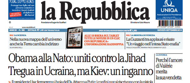 Le prime pagine di giovedì 4 settembre 2014