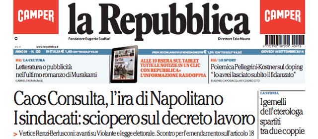 Le prime pagine di giovedì 18 settembre 2014