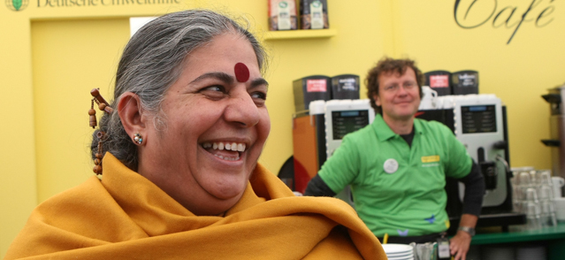 BERLIN, GERMANY - JUNE 05: Physicist turned environmental activist Vandana Shiva laughs at Environment Week in the gardens at Bellevue presidential palace on June 5, 2012 in Berlin, Germany. At the fourth edition of the two-day event, selected projects that take an innovative approach to demonstrating synergies between social, economic and ecological issues were put on display. (Photo by Adam Berry/Getty Images)