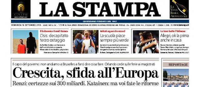 Le prime pagine di domenica 14 settembre 2014