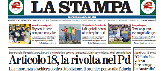 Le prime pagine di venerdì 19 settembre 2014