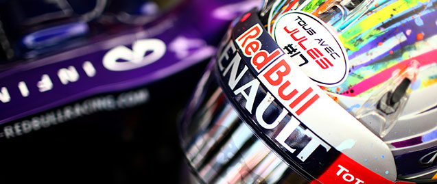 SOCHI, RUSSIA - OCTOBER 10: Sebastian Vettel of Germany and Infiniti Red Bull Racing's helmet displaying the message 'tous avec Jules #17' in support of Jules Bianchi of France and Marussia following his accident at Suzuka during practice ahead of the Russian Formula One Grand Prix at Sochi Autodrom on October 10, 2014 in Sochi, Russia. (Photo by Mark Thompson/Getty Images)