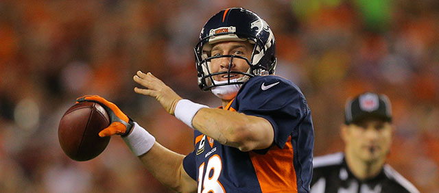 DENVER, CO - OCTOBER 19: Quarterback Peyton Manning #18 of the Denver Broncos throws a pass against the San Francisco 49ers during the second quarter of a game at Sports Authority Field at Mile High on October 19, 2014 in Denver, Colorado. (Photo by Justin Edmonds/Getty Images)