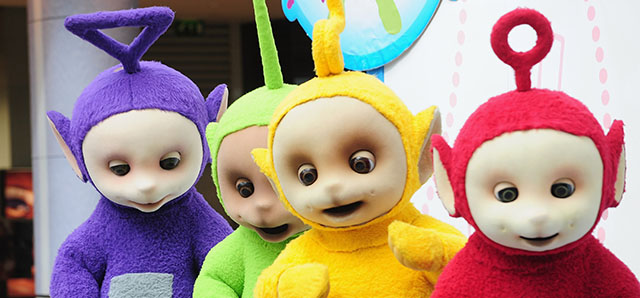 LONDON, ENGLAND - SEPTEMBER 10: The Teletubbies, (L-R) Tinky Winky, Dipsy, Laa-Laa and Po attend photocall to promote new tour at Westfield on September 10, 2009 in London, England. (Photo by Ian Gavan/Getty Images)