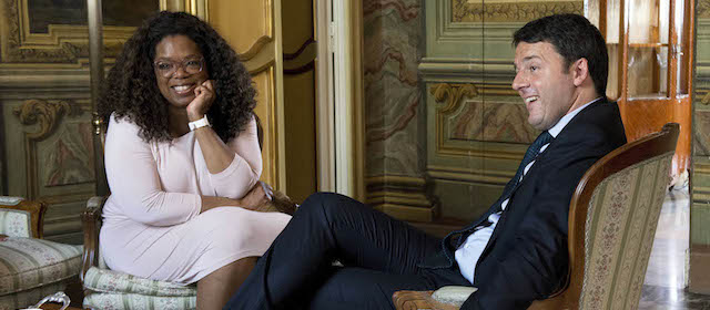 In this photo made available by Chigi Palace press office, Italian Premier Matteo Renzi, right, meets with Oprah Winfrey at Chigi Palace premier's office, in Rome, Wednesday, Oct. 15, 2015. (AP Photo/Courtesy of Chigi Palace press office, ho)
