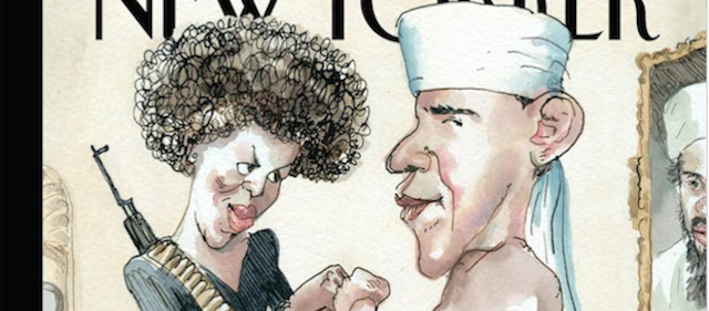 The Politics of Fear, di Barry Blitt, 21 luglio 2008.
La copertina raffigura Obama vestito da talebano che batte il pugno con la moglie Michelle, nei panni di una combattente rivoluzionaria. La scena si svolge alla Casa Bianca, dove il ritratto di Osama bin Laden pende sul caminetto, dove brucia una bandiera americana. Come spiegarono al New Yorker, la copertina vuole «prendere in giro le tattiche intimidatorie e la cattiva informazione» fatta durante la campagna presidenziale, soprattutto dai repubblicani che dipingevano Obama come un estremista di sinistra, un islamista sotto finte spoglie, o lo accusavano di non essere nato veramente negli Stati Uniti.