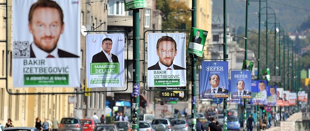 TO GO WITH AFP STORY BY RUSMIR SMAJILHODZIC - A picture taken on October 9, 2014 in Sarajevo shows several campaign posters hanging in a street. Bosnia holds general elections Sunday against the backdrop of mounting social discontent as well as ethnic disputes and rampant corruption that are blocking its entry into the European Union.AFP PHOTO ELVIS BARUKCIC (Photo credit should read ELVIS BARUKCIC/AFP/Getty Images)