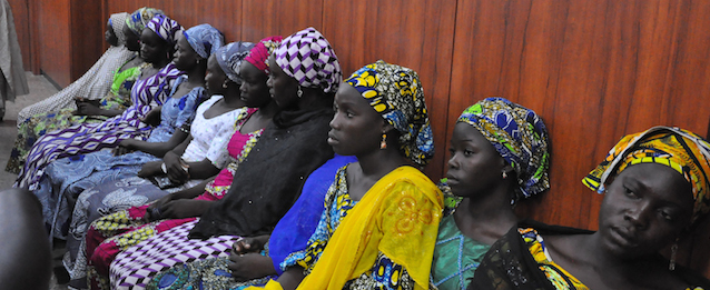 Some of the escaped Kidnapped girls of the government secondary school Chibok, attend a meeting with Borno state governor, Kashim Shettima, in Maiduguri, Nigeria, Monday, June 2, 2014. Nigerian police say they have banned protests in the capital demanding that the government rescues the more than 200 girls still held captive by Boko Haram militants. Altine Daniel, a spokeswoman for Abuja police confirmed the ban in a text message, saying it was "because of security reasons". (AP Photo/Jossy Ola)