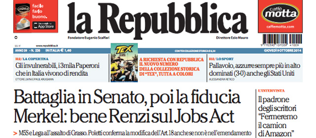 Le prime pagine di giovedì 9 ottobre 2014