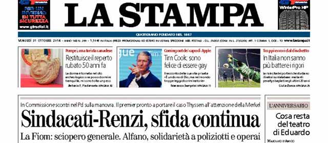 Le prime pagine di venerdì 31 ottobre 2014