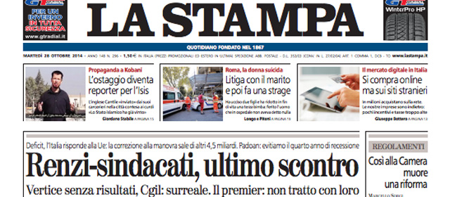 Le prime pagine di martedì 28 ottobre 2014