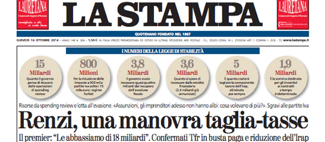 Le prime pagine di giovedì 16 ottobre 2014