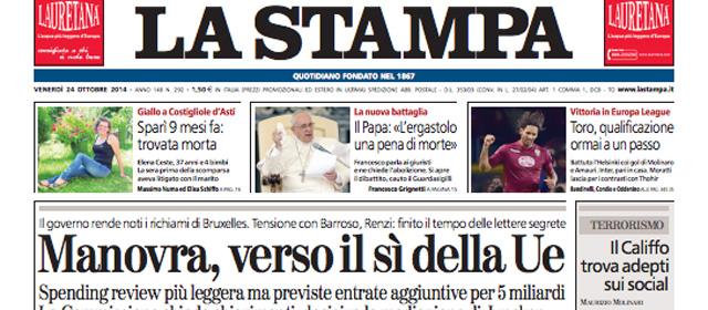 Le prime pagine di venerdì 24 ottobre 2014