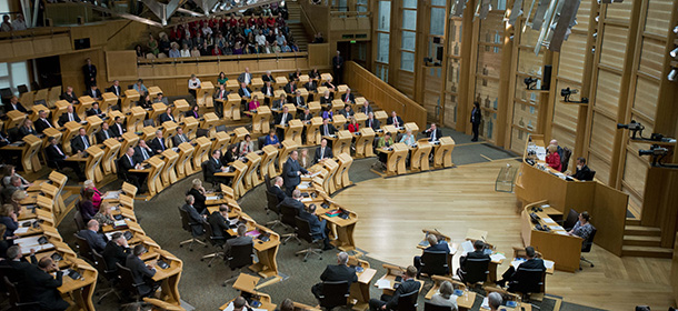 EDINBURGH, SCOTLAND - SEPTEMBER 23: First Minister of Scotland Alex Salmond addresses the Scottish Parliament during a debate on the future of Scotland at Holyrood on September 23, 2014 in Edinburgh, Scotland. Scottish Parliament met for the first time since last Thursday's referendum, Mr Salmond has announced he will stand down as first minister and SNP leader later this year after the majority of Scottish people have voted 'No' in the referendum. (Photo by Chris Watt/Getty Images)