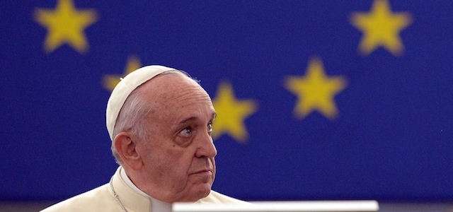 Pope Francis arrives to deliver a speech at the European Parliament, on November 25, 2014, during a short visit at the European Parliament and the Council of Europe in Strasbourg, eastern France. Pope Francis began a lightning visit to European institutions in Strasbourg where he was expected to call for a "tired" Europe hit by economic crises and surging nationalism to reclaim a leadership role. AFP PHOTO / POOL / PATRICK HERTZOG (Photo credit should read PATRICK HERTZOG/AFP/Getty Images)