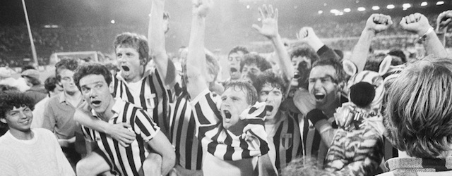 Juventus Turin soccer players raise their arms and sing their Juventus song after they beat FC Liverpool, May 30, 1985 in Brussels in the European Champions Soccer Cup final, 1-0. The final game was overshadowed by heavy riots that caused 35 deaths prior to the kickoff of the game. (AP Photo)