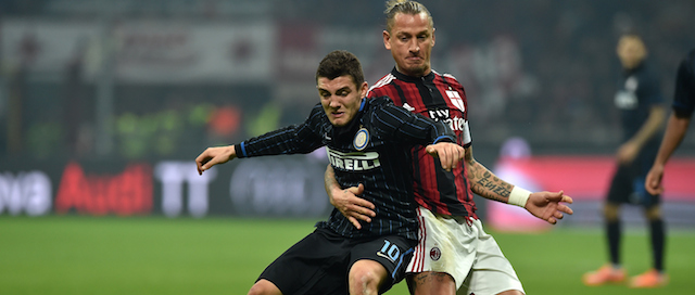 during the Serie A match between AC Milan and FC Internazionale Milano at Stadio Giuseppe Meazza on November 23, 2014 in Milan, Italy.